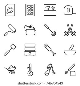 thin line icon set : search document, abacus, tools, measuring tape, repair, steam pan, whisk, scissors, meat hammer, double boiler, blender, mortar, wheelbarrow, thermometer, vacuum cleaner