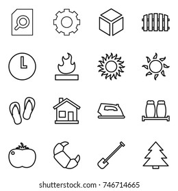 thin line icon set : search document, gear, 3d, fence, clock, flammable, sun, flip flops, home, iron, salt pepper, tomato, croissant, shovel, spruce