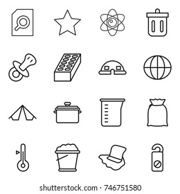 thin line icon set : search document, star, atom, bin, nipple, brick, dome house, globe, tent, pan, measuring cup, flour, thermometer, foam bucket, floor washing, do not distrub