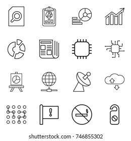 thin line icon set : search document, report, diagram, circle, newspaper, chip, presentation, globe connect, satellite antenna, cloude service, important flag, no smoking, do not distrub