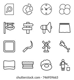 thin line icon set : search document, circle diagram, clock, atom core, shop signboard, singlepost, loudspeaker, curtain, cutting board, sickle, windmill, blower, sponge, soap, garbage bin