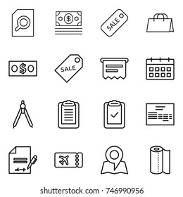 thin line icon set : search document, money, sale, shopping bag, label, atm receipt, calendar, drawing compasses, clipboard, check, invoice, inventory, ticket, map, paper towel