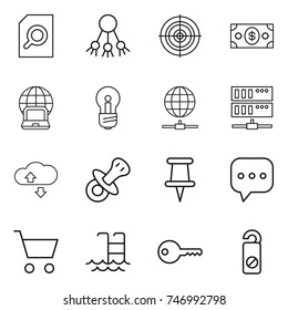 thin line icon set : search document, share, target, money, notebook globe, bulb, connect, server, cloude service, nipple, pin, sms, cart, pool, key, do not distrub