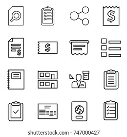 thin line icon set : search document, clipboard, share, receipt, account balance, atm, list, copybook, modular house, architector, check, invoice, passport