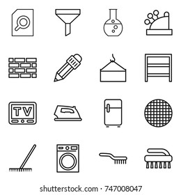 thin line icon set : search document, funnel, round flask, cashbox, brick wall, pencil, loading crane, rack, tv, iron, fridge, sieve, rake, washing machine, brush