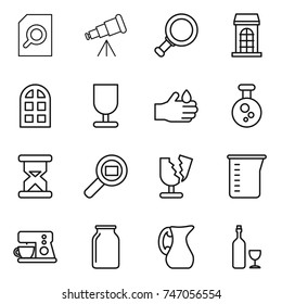 thin line icon set : search document, telescope, magnifier, building, arch window, fragile, acid, chemical, sand clock, cargo, broken, measuring cup, coffee maker, bank, jug, wine