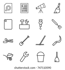 thin line icon set : search document, abacus, telescope, broom, cutting board, repair tools, handle scales, big fork, scissors, shovel, rake, sickle, wheelbarrow, wrench, bucket