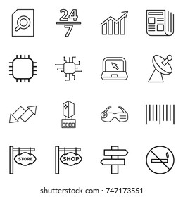 thin line icon set : search document, 24 7, diagram, newspaper, chip, notebook, satellite antenna, up down arrow, crystall memory, smart glasses, bar code, store signboard, shop, singlepost