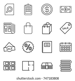 thin line icon set : search document, clipboard, dollar, money, newspaper, shopping bag, sale label, percent, copybook, calendar, panel house, plan, towels