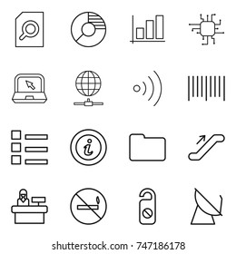 thin line icon set : search document, circle diagram, graph, chip, notebook, globe connect, wireless, bar code, list, info, documents, escalator, reception, no smoking, do not distrub