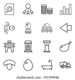 thin line icon set : search document, share, coin stack, graph, satellite, crystall memory, lunar rover, left arrow, arch, building, airport tower, chicken leg, mushroom, egg, bath