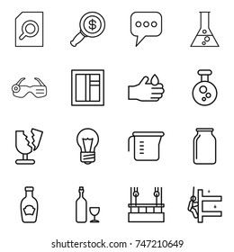 thin line icon set : search document, dollar magnifier, message, flask, smart glasses, window, acid, chemical, broken, bulb, measuring cup, bank, ketchup, wine, skysrcapers cleaning, skyscrapers