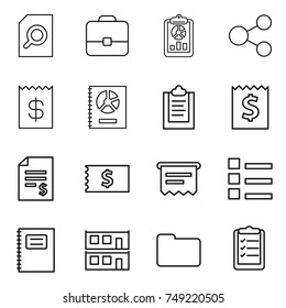 thin line icon set : search document, portfolio, report, share, receipt, annual, clipboard, account balance, atm, list, copybook, modular house, documents