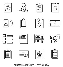 thin line icon set : search document, share, clipboard, receipt, pass card, list, copybook, modular house, architector, invoice, passport