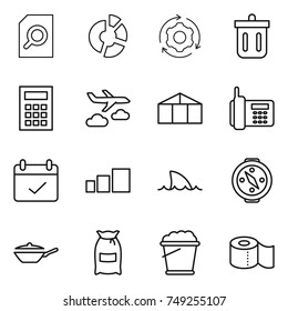 thin line icon set : search document, circle diagram, around gear, bin, calculator, journey, greenhouse, phone, terms, sorting, shark flipper, compass, pan, flour, foam bucket, toilet paper
