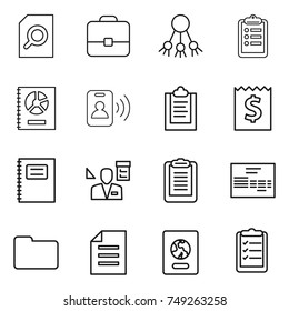 thin line icon set : search document, portfolio, share, clipboard, annual report, pass card, receipt, copybook, architector, invoice, documents, passport, list