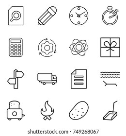 thin line icon set : search document, pencil, clock, stopwatch, calculator, around gear, atom, gift, signpost, shipping, lounger, toaster, fire, potato, scoop