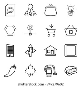 thin line icon set : search document, share, purse, bulb, hex molecule, laser, add to cart, delete, skyscraper, route, home, cutting board, hot pepper, maple leaf, vacuum cleaner, sponge with foam