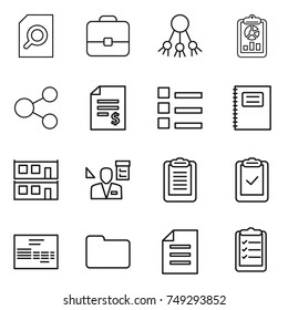 thin line icon set : search document, portfolio, share, report, account balance, list, copybook, modular house, architector, clipboard, check, invoice, documents
