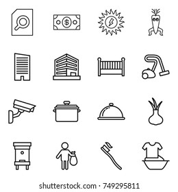 thin line icon set : search document, money, sun power, dna modify, skyscraper, office, crib, vacuum cleaner, surveillance camera, pan, meal cap, onion, hive, trash, tooth brush, handle washing