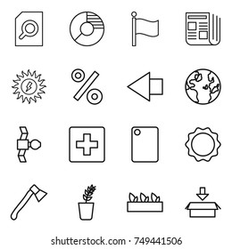thin line icon set : search document, circle diagram, flag, newspaper, sun power, percent, left arrow, globe, satellite, first aid, cutting board, induction oven, axe, seedling, package