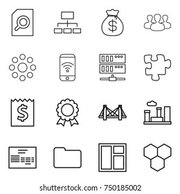 thin line icon set : search document, hierarchy, money bag, group, round around, phone wireless, server, puzzle, receipt, medal, bridge, city, invoice, documents, window, honeycombs