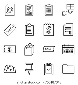 thin line icon set : search document, report, clipboard, gift, sale, receipt, account balance, shopping bag, calendar, project, pin, check, documents