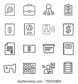 thin line icon set : search document, portfolio, share, report, receipt, annual, pass card, account balance, atm, copybook, slum, modular house, architector, clipboard list