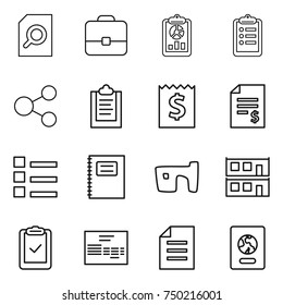 thin line icon set : search document, portfolio, report, clipboard, share, receipt, account balance, list, copybook, slum, modular house, check, invoice, passport