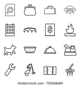thin line icon set : search document, purse, shopping bag, ufo, building, bridge, tax, flammable, dog, colander, meal cap, harvester, wrench, vacuum cleaner, clean window