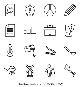 thin line icon set : search document, alarm clock, diagram, pencil, sorting, hi quality package, broken, thermometer, mixer, walnut crack, ladle, wheelbarrow, windmill, trash, blower