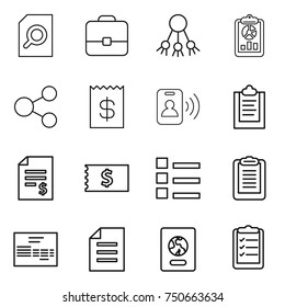 thin line icon set : search document, portfolio, share, report, receipt, pass card, clipboard, account balance, list, invoice, passport
