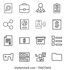 thin line icon set : search document, portfolio, share, report, annual, pass card, receipt, account balance, atm, list, slum, modular house, architector, documents