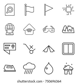 thin line icon set : search document, flag, chip, notebook globe, wireless home, smart glasses, project, location details, do not trolley sign, tent, power switch, iron, rain cloud, drop