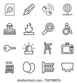 thin line icon set : search document, marker, call, globe connect, mansion, flammable, cargo, invalid, key, alarm, Chair for babies, tv, radiator, eggs, watering, udder