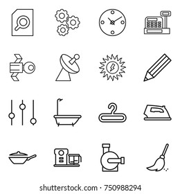 thin line icon set : search document, gear, clock, cashbox, satellite, antenna, sun power, pencil, equalizer, bath, hanger, iron, pan, food processor, water pump, broom