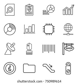 thin line icon set : search document, report, diagram, circle, graph, chip, globe connect, satellite antenna, crystall memory, bar code, shop signboard, info, documents, escalator, do not distrub