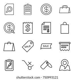 thin line icon set : search document, clipboard, dollar, shopping bag, arrow, receipt, account balance, sale label, atm, pen, do not trolley sign, map