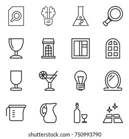thin line icon set : search document, bulb brain, flask, magnifier, wineglass, building, window, arch, fragile, cocktail, mirror, measuring cup, jug, wine, clean floor
