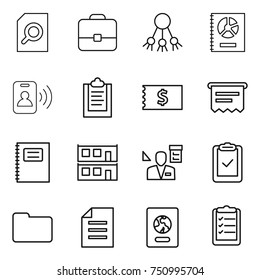 thin line icon set : search document, portfolio, share, annual report, pass card, clipboard, receipt, atm, copybook, modular house, architector, check, documents, passport, list