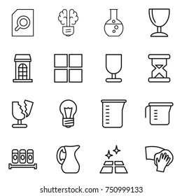 thin line icon set : search document, bulb brain, round flask, wineglass, building, window, fragile, sand clock, broken, measuring cup, spices, jug, clean floor, wiping