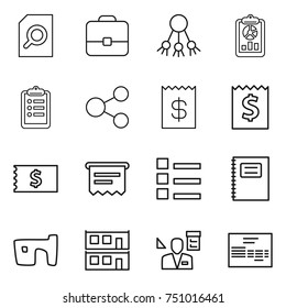 thin line icon set : search document, portfolio, share, report, clipboard, receipt, atm, list, copybook, slum, modular house, architector, invoice