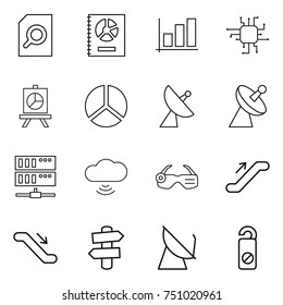 thin line icon set : search document, annual report, graph, chip, presentation, diagram, satellite antenna, server, cloud wireless, smart glasses, escalator, signpost, do not distrub