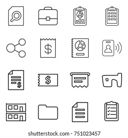 thin line icon set : search document, portfolio, report, clipboard, share, receipt, annual, pass card, account balance, atm, slum, modular house, documents, list
