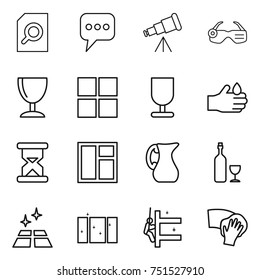 thin line icon set : search document, message, telescope, smart glasses, wineglass, window, fragile, acid, sand clock, jug, wine, clean floor, skyscrapers cleaning, wiping