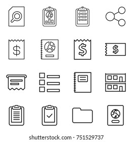 thin line icon set : search document, report, clipboard, share, receipt, annual, atm, list, copybook, modular house, check, documents, passport