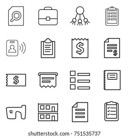 thin line icon set : search document, portfolio, share, clipboard, pass card, receipt, account balance, atm, list, copybook, slum, modular house