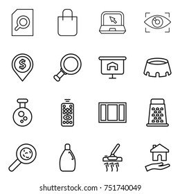 thin line icon set : search document, shopping bag, notebook, eye identity, dollar pin, magnifier, presentation, stadium, chemical, remote control, window, grater, viruses, cleanser, vacuum cleaner