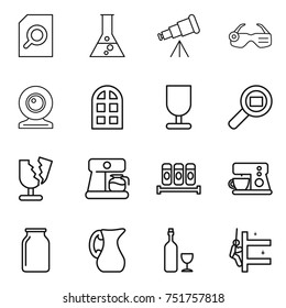 thin line icon set : search document, flask, telescope, smart glasses, web cam, arch window, fragile, cargo, broken, coffee maker, spices, bank, jug, wine, skyscrapers cleaning