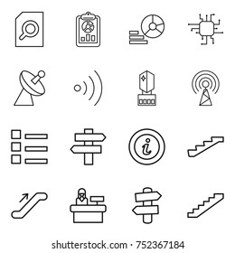 thin line icon set : search document, report, diagram, chip, satellite antenna, wireless, crystall memory, list, singlepost, info, stairs, escalator, reception, signpost